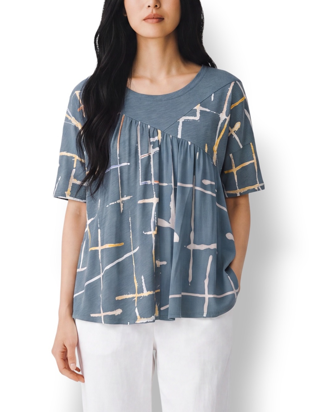 4/$20 Akemi + Kin Anthropologie Abstract Mixed Media Babydoll Top XS Teal
